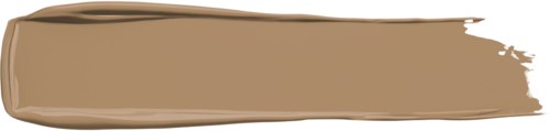 Een beige make-up penseelstreek met een donkerkleurige handgreep en een witte achtergrond.