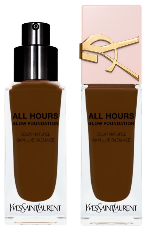 Dwie butelki Yves Saint Laurent All Hours Glow Foundation, jedna z czarnym kapslem i druga z różowym, stoją obok siebie.