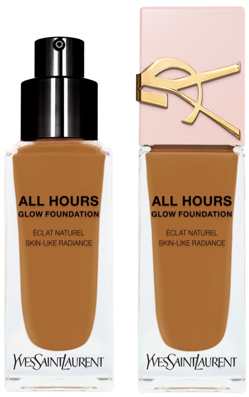 Två flaskor av YSL foundation, en med svart lock och en med rosa och guldlock, märkta 'All Hours Glow Foundation'.