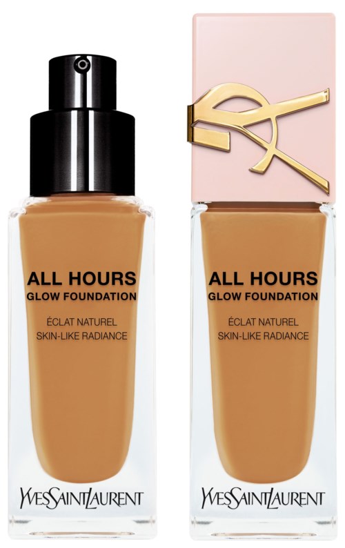 Dwie butelki podkładu YSL All Hours Glow Foundation z czarną i różową nakrętką, oznaczone dla naturalnego blasku skóry.