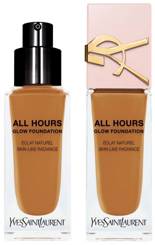 Dwie butelki Yves Saint Laurent All Hours Glow Foundation, jedna z rozpylaczem, druga z różowym kapslem, obie z brązową cieczą.