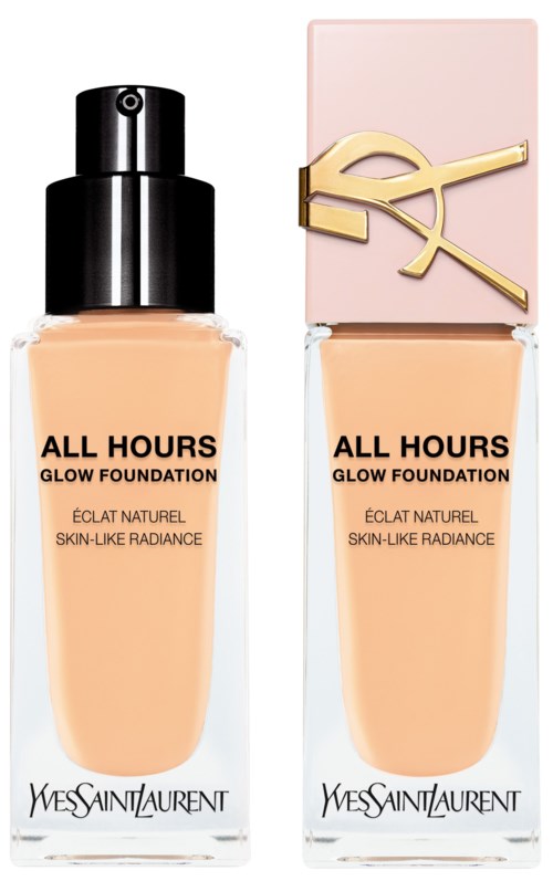 Dwie butelki podkładu YSL All Hours Glow Foundation, jedna z czarnym capsulem i jedna z różowym pudełkiem i złotym logo.