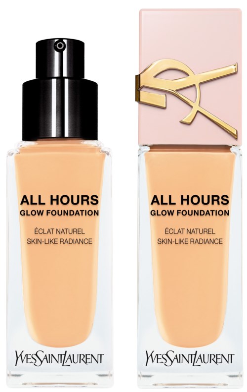 Dwie butelki podkładu Yves Saint Laurent z czarnym i różowym korkiem, oznaczone 'All Hours Glow Foundation'.