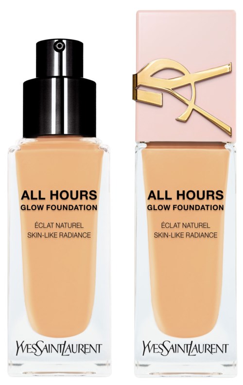 Två flaskor av Yves Saint Laurent All Hours Glow Foundation, en med spray och en med rosa lock. Båda är beiga.