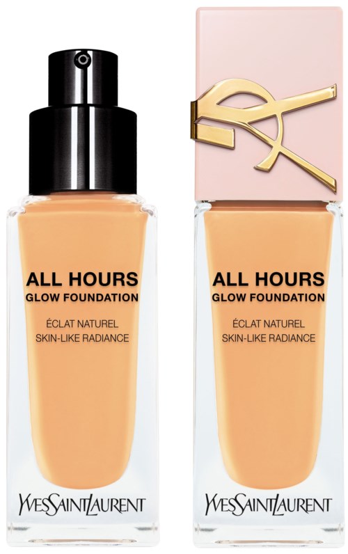 Dwie butelki podkładu Yves Saint Laurent z czarnym i różowym nakrętkiem, oznaczone 'All Hours Glow Foundation'.