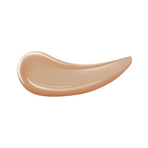 Een beige, gebogen, druppelvormig cosmetisch of huidverzorgingsproduct, glad en glanzend.