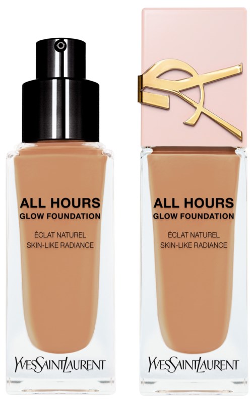 Dwie butelki podkładu Yves Saint Laurent All Hours Glow Foundation, jedna z czarnym dozownikiem, druga z różowym kapslem.