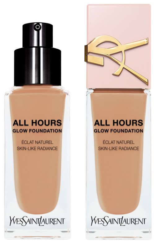 Två flaskor Yves Saint Laurent All Hours glow foundation, en med svart lock, en med rosa lock, båda märkta.