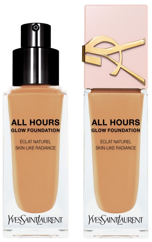 Dwie butelki podkładu YSL All Hours Glow, jedna z czarnym zakrętką i druga z różową i złotą nakrętką.