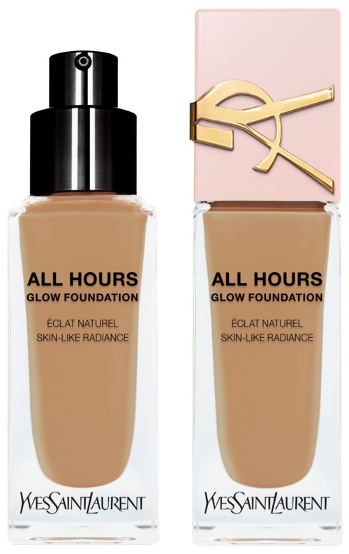 Dwie butelki podkładu YSL All Hours Glow Foundation, jedna z czarnym korkiem, druga z różowym i złotym korkiem.
