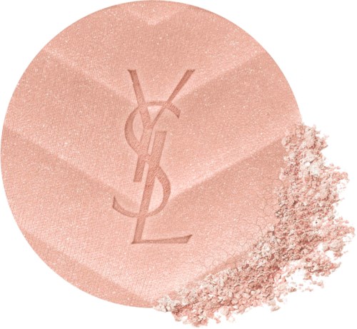 Ett rosa kompaktpuder med YSL-logga, lite puder spillt runt om.
