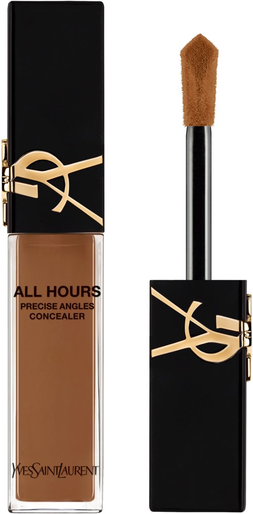 En YSL makeupconcealerflaska med svart lock, guldlogga och brunt vätska inuti, med applikatorn bredvid.