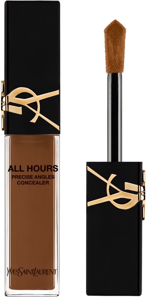 En YSL läppstiftsconcealer med svart och guldfodral, och en brun svampapplikator.