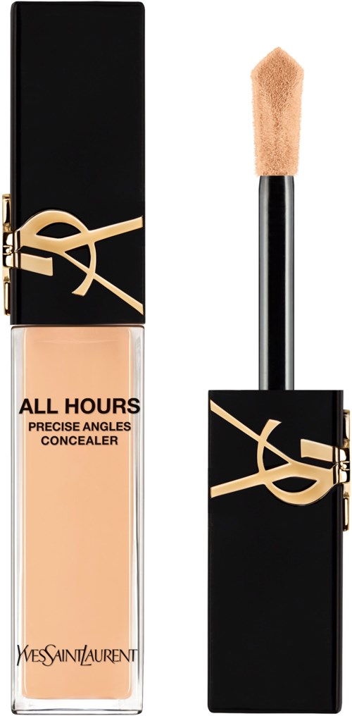 Een concealer in een doorzichtige fles met beige vloeistof, zwarte dop en gouden YSL-logo, met sponsapplicator.