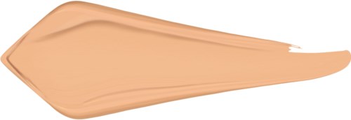 Een beige streak make-up of foundation uitgesmeerd, met een puntige uiteinde en een gebogen vorm.