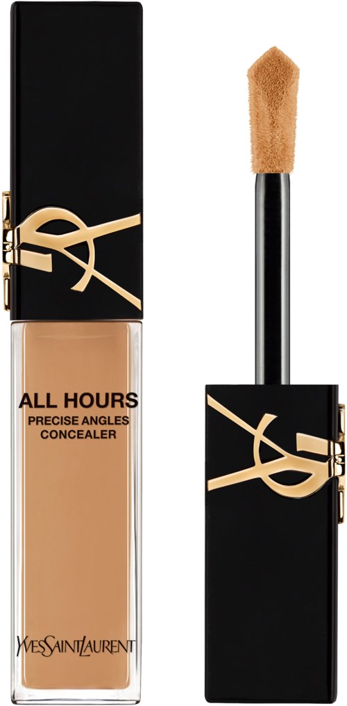 Försörjningsflaska med svart lock, guld YSL-logga, beige produkt. V ev med foamapplicator. Text: All Hours, Yves Saint Laurent.