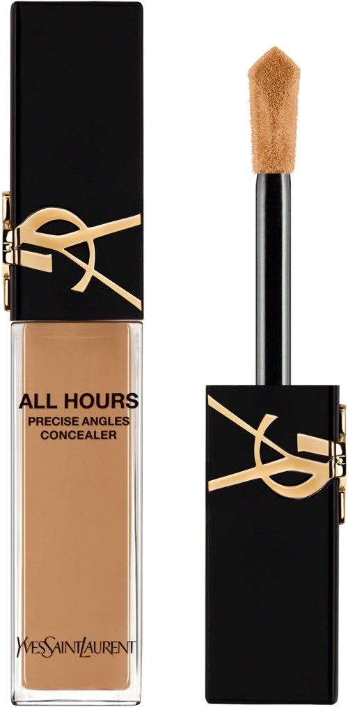 Yves Saint Laurent All Hours peiteaineen pullo ja sieni ilman. Musta korkki ja beige neste sisällä.