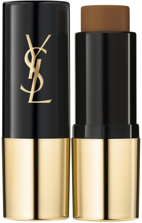 En YSL-sminkstift med guld- och svart design, visar både stängd och öppen del.