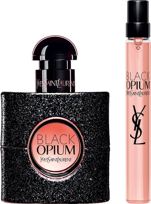 Zwei Yves Saint Laurent Black Opium Parfümflaschen, eine große mit schwarzem Glitzer und eine kleine mit rosa Flüssigkeit.