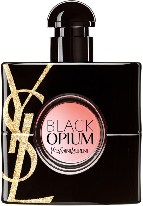 En parfymflaska med svart förpackning, guld YSL-logga och rosa parfym. Det är Yves Saint Laurents Black Opium.