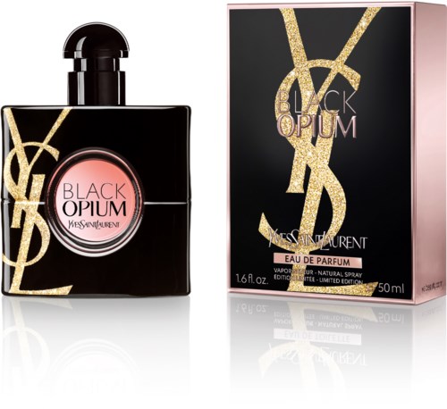 En parfyllflaska och förpackning, i svart och rosa, dekorerad med guld-Yves Saint Laurent-logga och text.