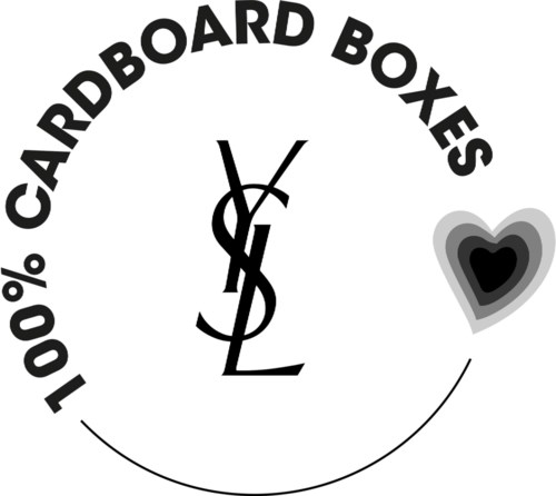Logotyp med YSL initialer, runt text säger 100% cardboard boxes, hjärta med lager i grått, svart och vitt.