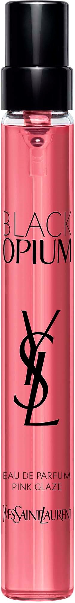 Pink perfume bottle with black spray cap, YSL logo, and Black Opium Pink Glaze text on a black background.