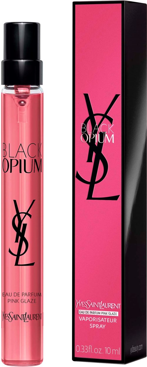 Pink perfume spray bottle with black cap, YSL logo, and box featuring pink and black design.