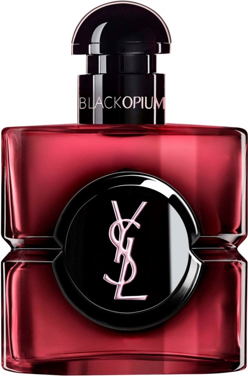 A red perfume bottle with a black cap and a YSL logo on the front.