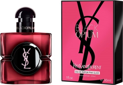 Yves Saint Laurent Black Opium pink perfume bottle and box, with black logo and pink background.