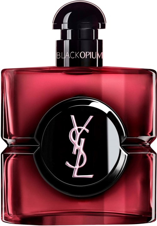 A red perfume bottle with black cap and YSL logo, slide style design for Yves Saint Laurent Black Opium.