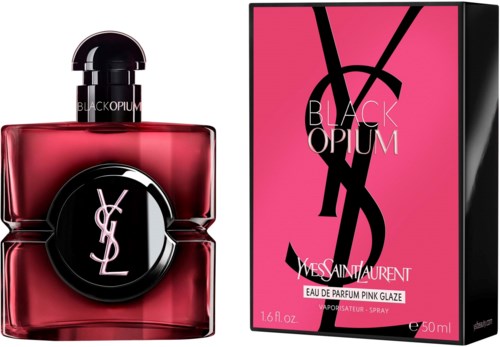 Black Opium Pink Glaze perfume bottle and packaging, pink and black colors, Yves Saint Laurent logo on label.