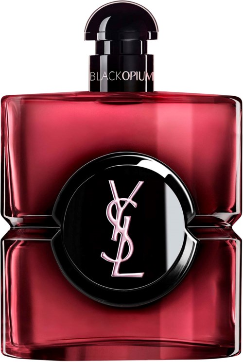 Yves Saint Laurent perfume bottle with a black cap and pinkish-red liquid inside.