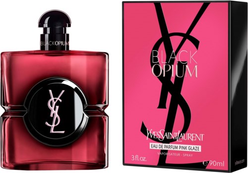 Black Opium perfume bottle in pink with Yves Saint Laurent logo, next to matching pink box with bold black YSL logo.