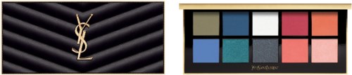 En sminkpalett med 10 fargerike øyeskygger og en YSL-logo med svart bakgrunn og gulldetaljer.
