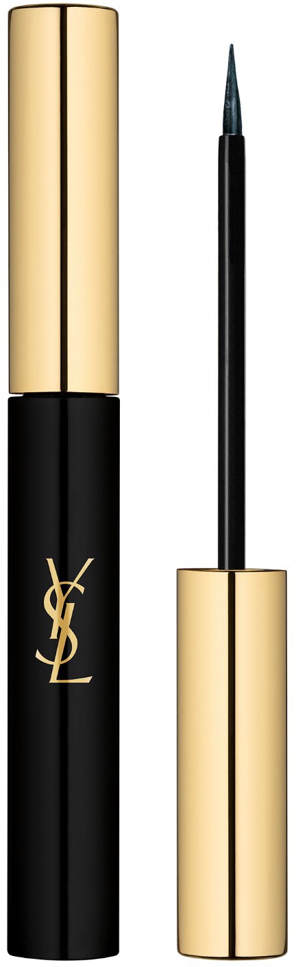 A black and gold Yves Saint Laurent mascara tube with the wand extended showing a fine brush.