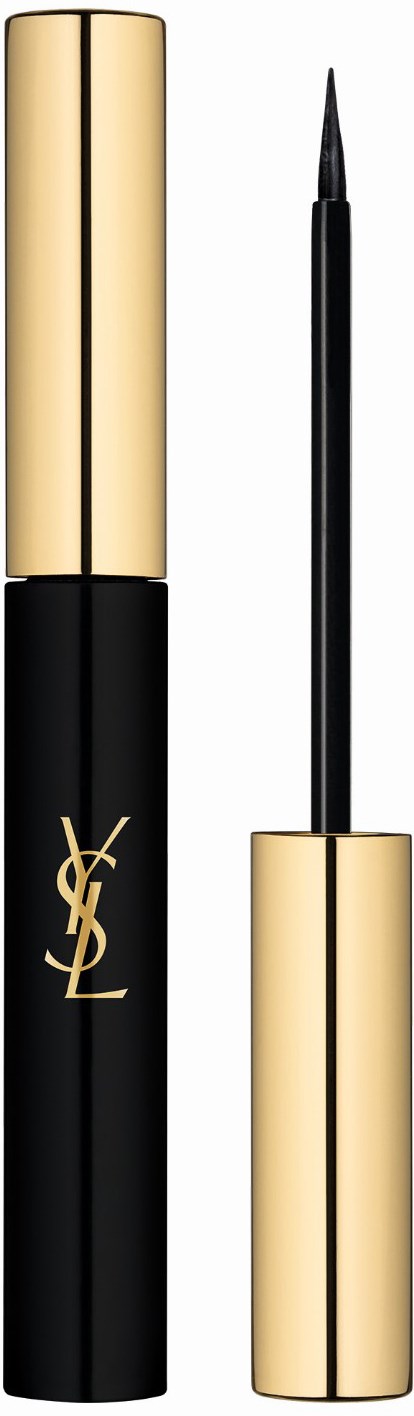 Black and gold Yves Saint Laurent liquid eyeliner with brush applicator. Logo on the container. Cap removed, brush visible.