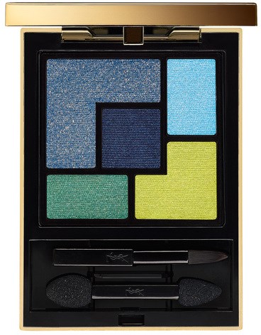 Colorful eyeshadow palette with six shades of blue, green, and yellow, along with applicators in a black case.