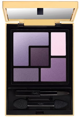 A makeup compact with five purple eyeshadow shades, sponge applicators, and a mirror inside the lid.