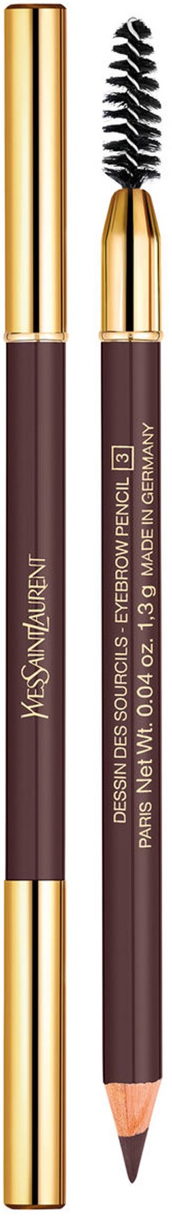 Ett sminkverktyg med penna och mascara-borste, i elegant guld- och lila design.