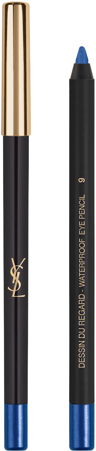 En svart ögonpenna med blå topp och guldlock, märkt som vattentät ögonpenna från Yves Saint Laurent.