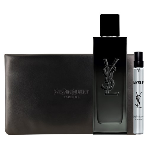 Yves Saint Laurent sort parfymeflaske med YSL-logo, sammen med en sølv rollerballprøve og en svart eske.
