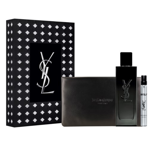 Yves Saint Laurent YSL parfymegavesett med svart flaske, eske, liten spray og grå veske.