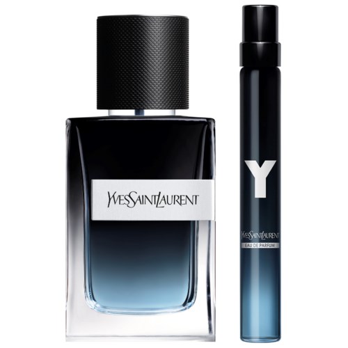 Yves Saint Laurent Y Eau de Parfum-flaske og en matchende parfymeroller, begge i svart og blå gradient emballasje.