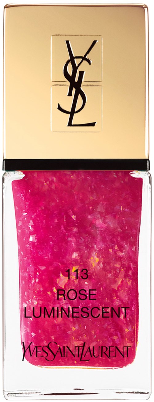 En liten flaske Yves Saint Laurent leppglans kalt 'Rose Luminescent', rosa farge, gullhette og svart tekst på flasken.