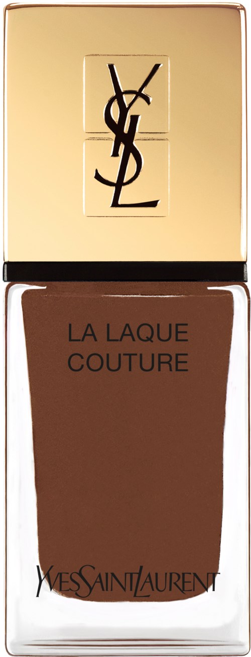 En flaske Yves Saint Laurent La Laque Couture neglelakk, med en gullhette og brun lakk inni.