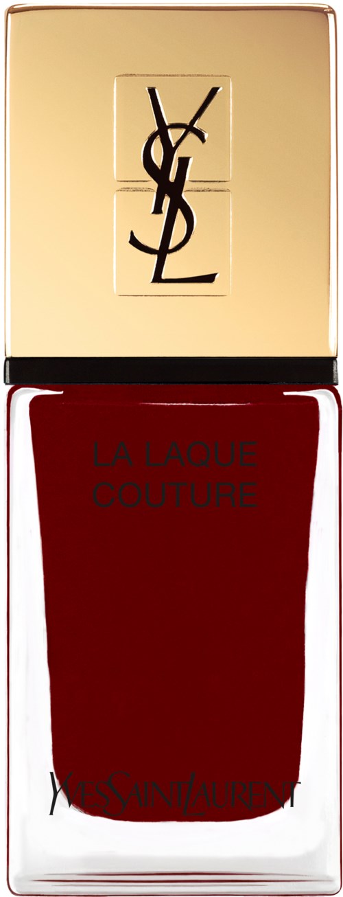 En leppestiftreim med gullhetlokk og Yves Saint Laurent-logo, rød væske inni, og teksten "La Laque Couture".