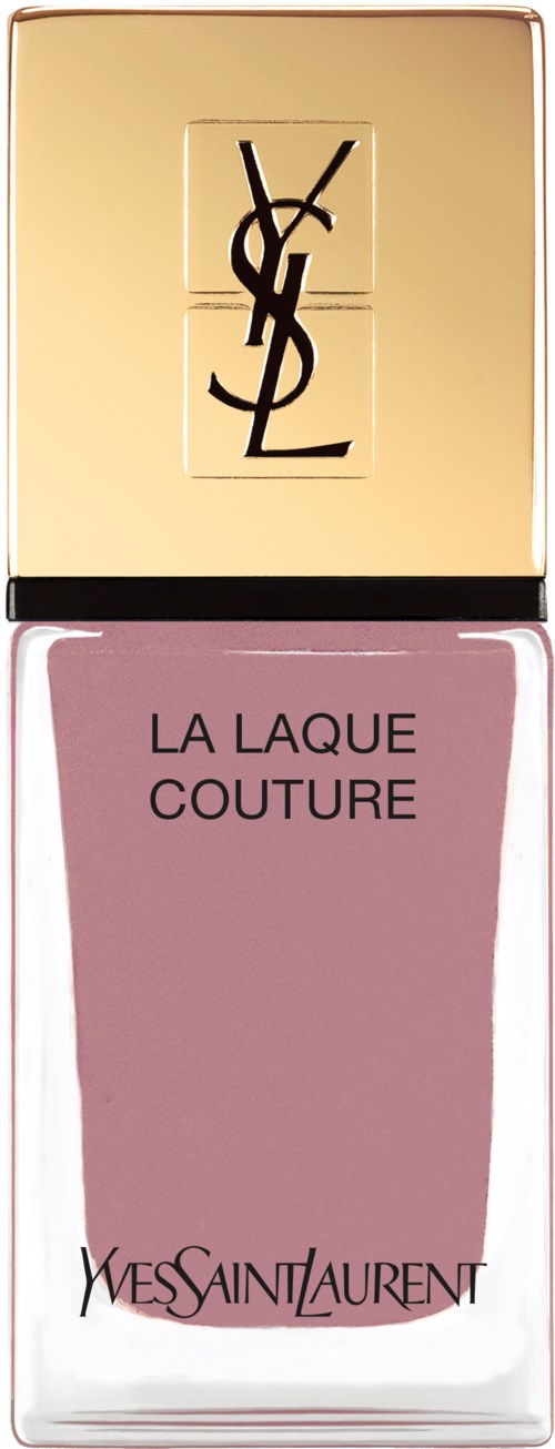 Leppefarge med gullhette og rosa flaske merket 'La Laque Couture' av Yves Saint Laurent.