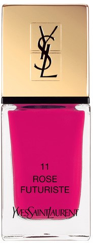 En lys rosa YSL neglelakkflaske med gullhode og svart logo, merket '11 Rose Futuriste.'