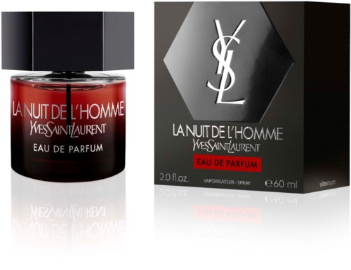 Yves Saint Laurent La Nuit de L'Homme Eau de Parfum Flasche und Verpackung in Schwarz, Rot und Silber.